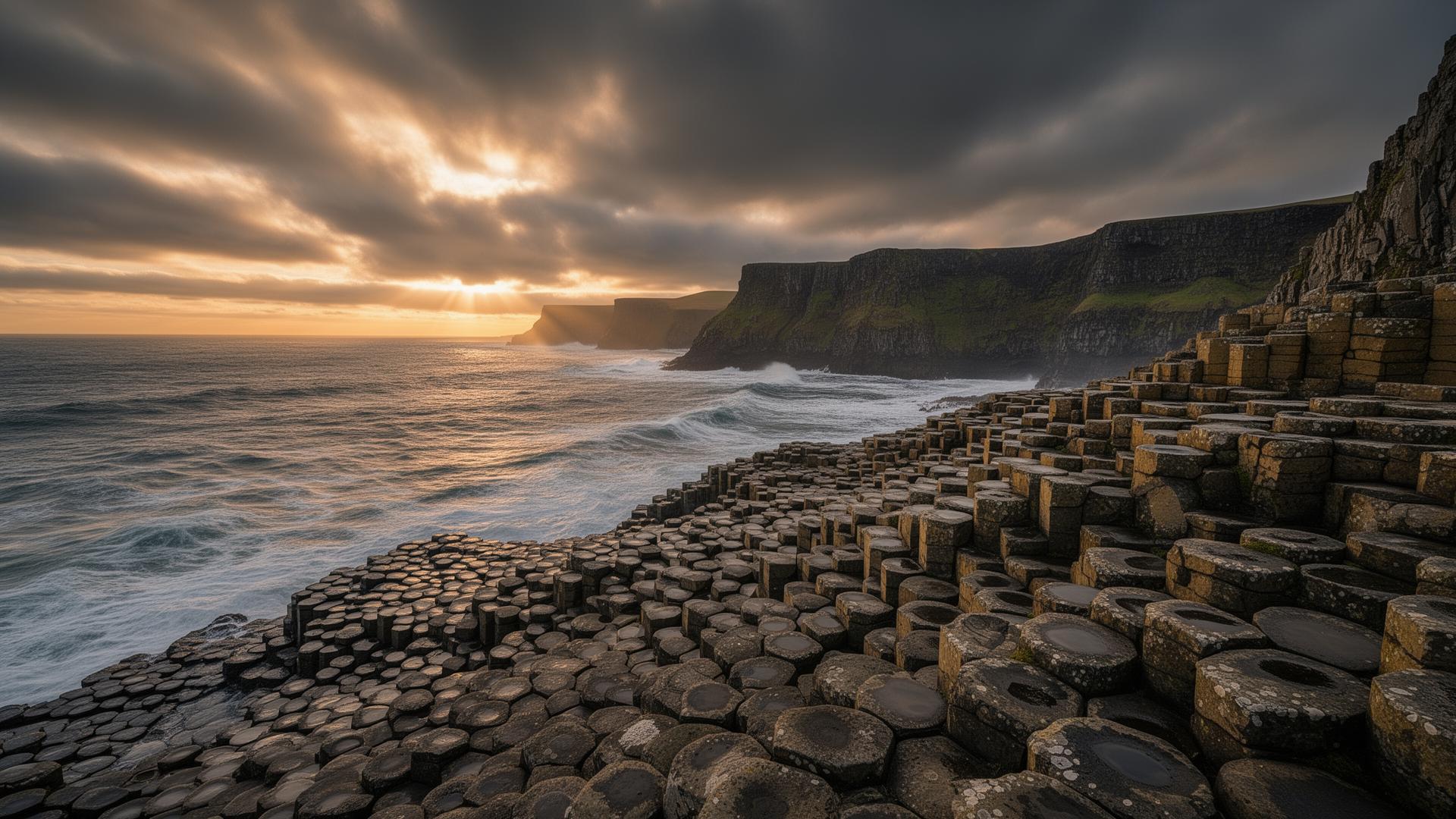 The Giant's Causeway basalt columns at golden hour on the Northern Ireland coast